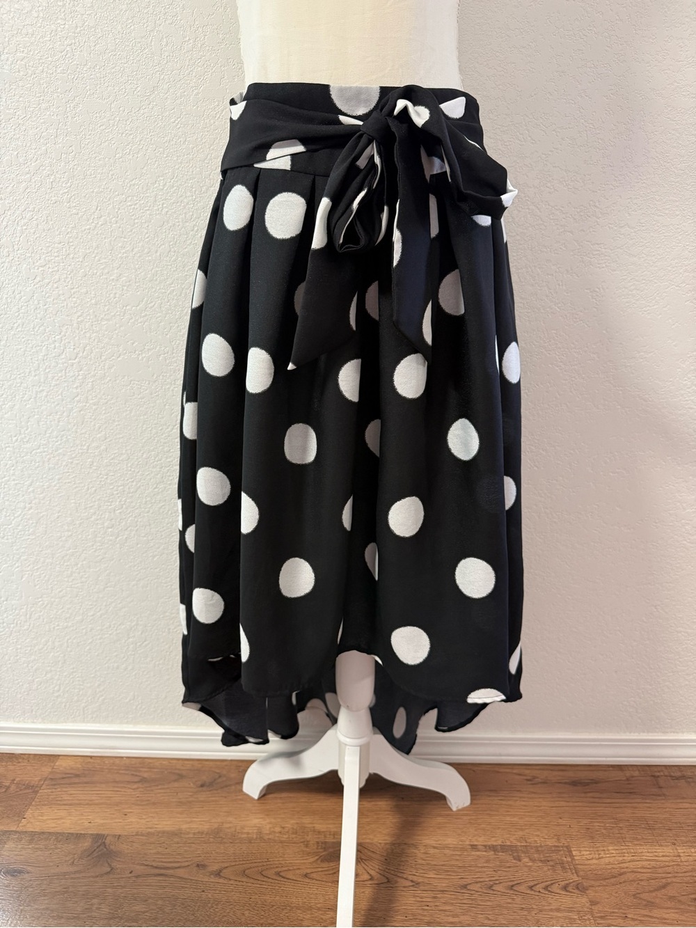 ARC N CO Black White Polka Dot Satin A-Line Midi Skirt Lined Pleated L
